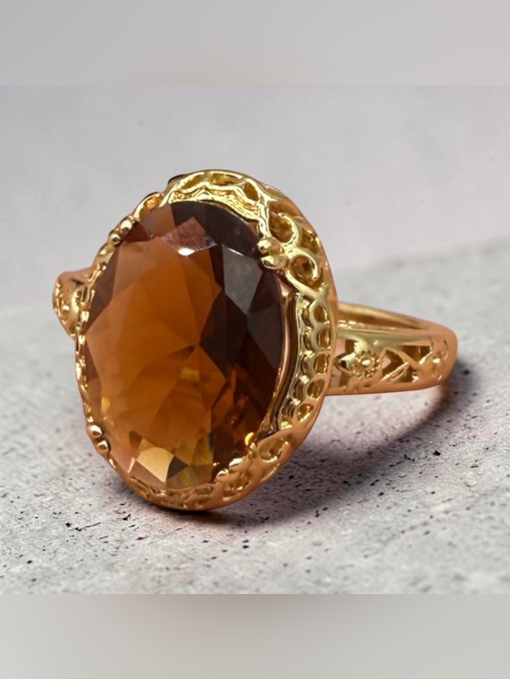 Gold Filigree Nest Ring with Amber Chocolate Brown Gemstone- Size 8